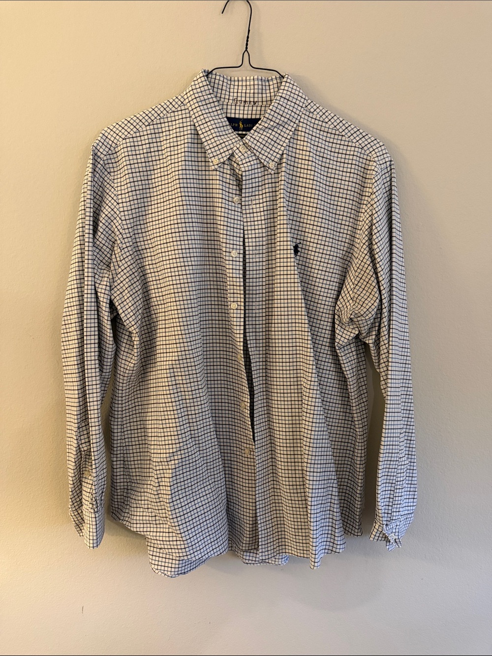 Ralph Lauren Men's White and Navy Check Dress Shirt
